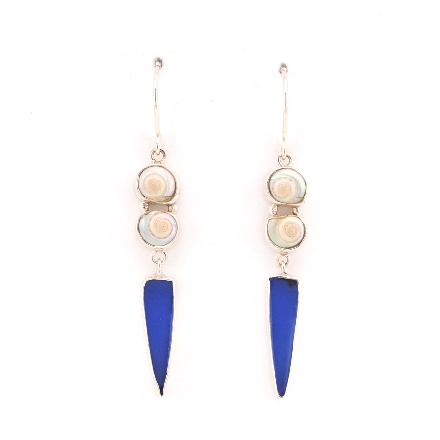 Front View Malabar Shell Blue Sea Glass Earrings