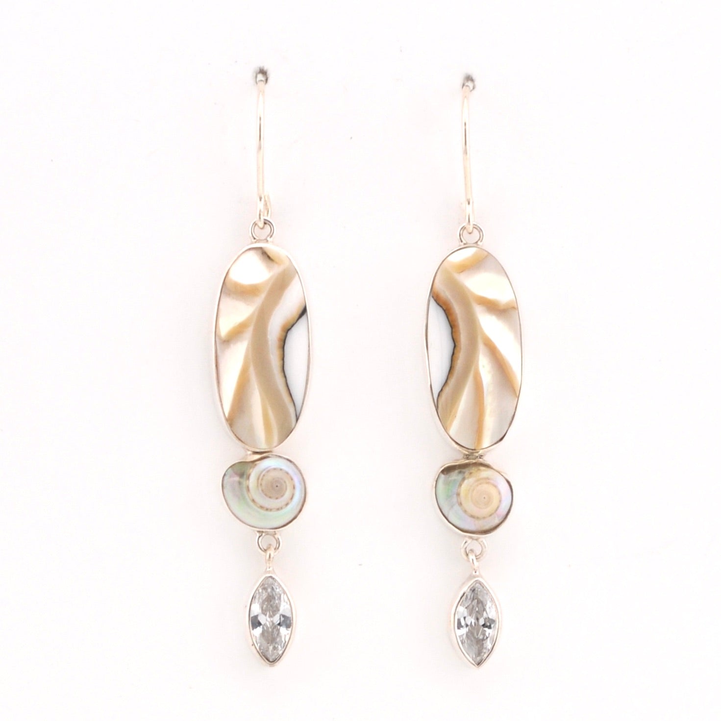 Front View Nautilus Shell White Topaz Earrings