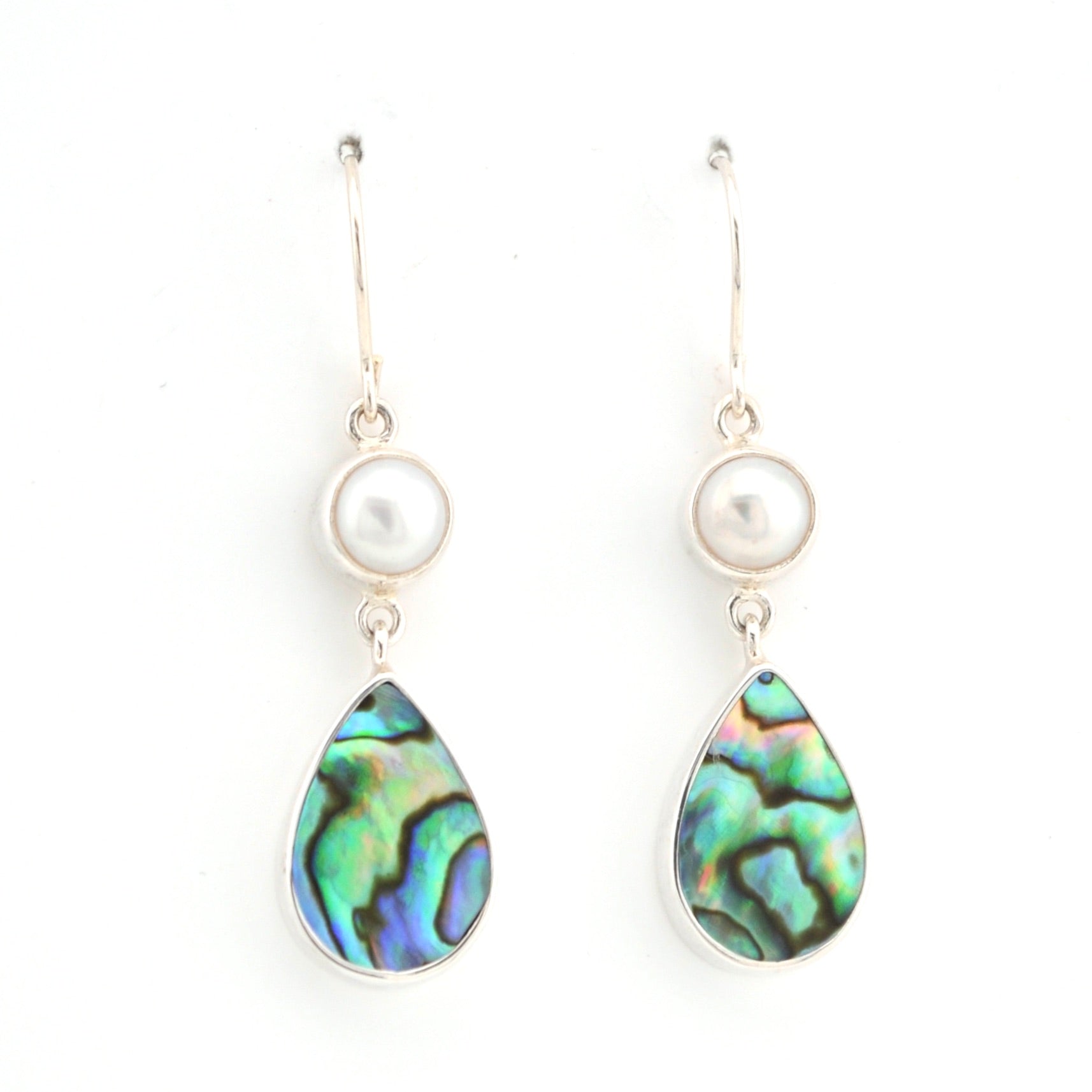 Front View Pearl Abalone Tear Dangle Earrings