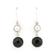 Front View Pearl Black Onyx Round Dangle Earrings