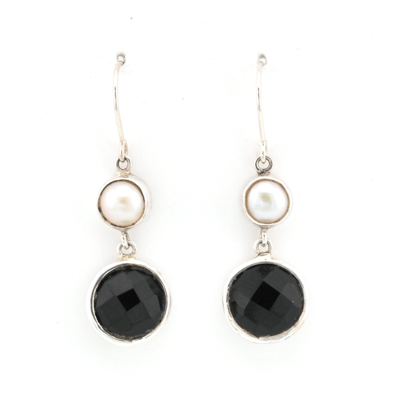 Front View Pearl Black Onyx Round Dangle Earrings