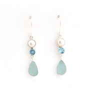 Front View Pearl Blue Topaz Aqua Sea Glass Earrings
