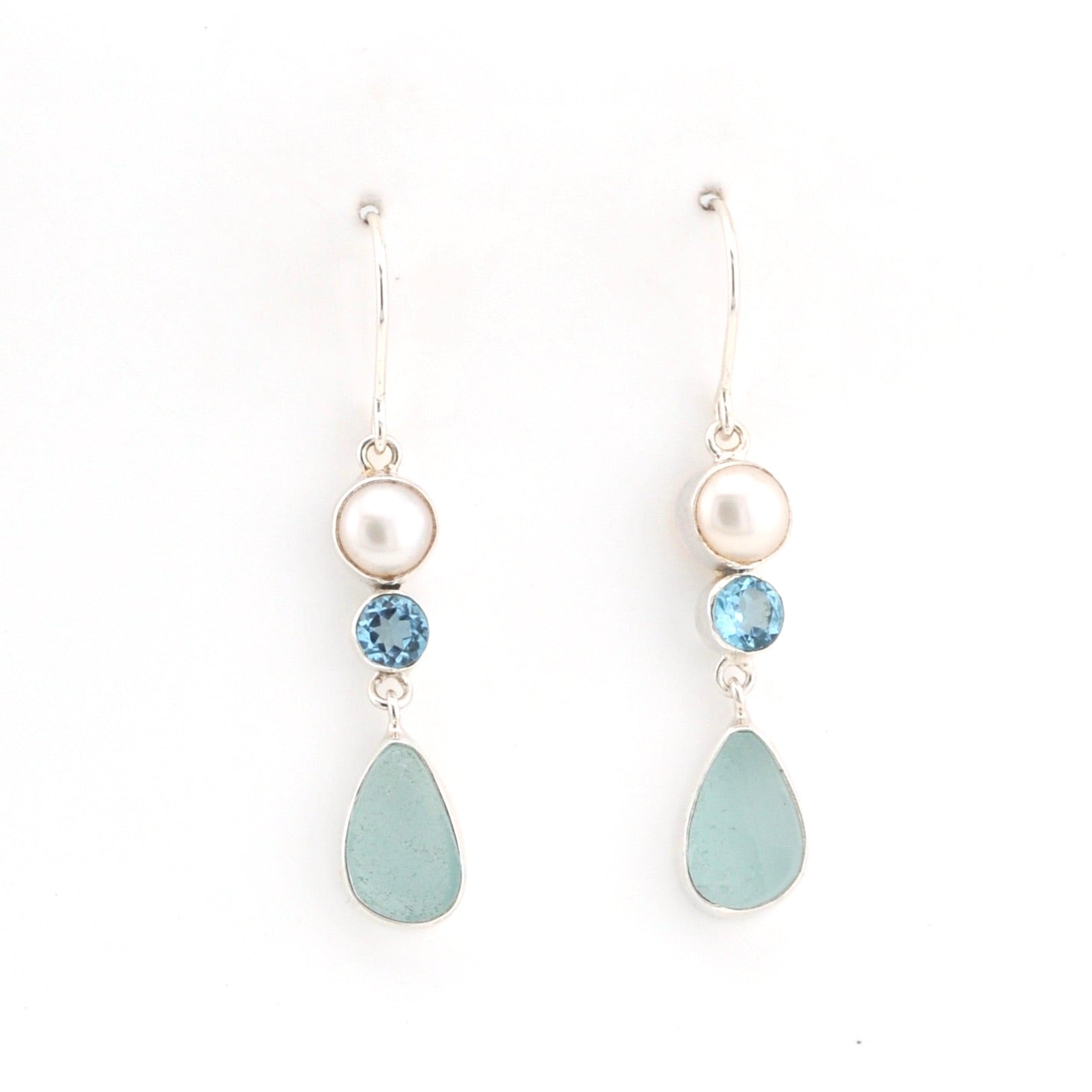Front View Pearl Blue Topaz Aqua Sea Glass Earrings