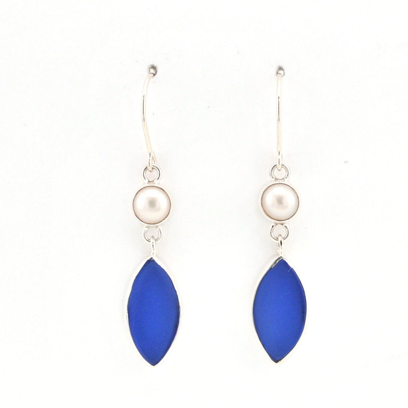 Front View Pearl Cobalt Sea Glass Marquise Earrings