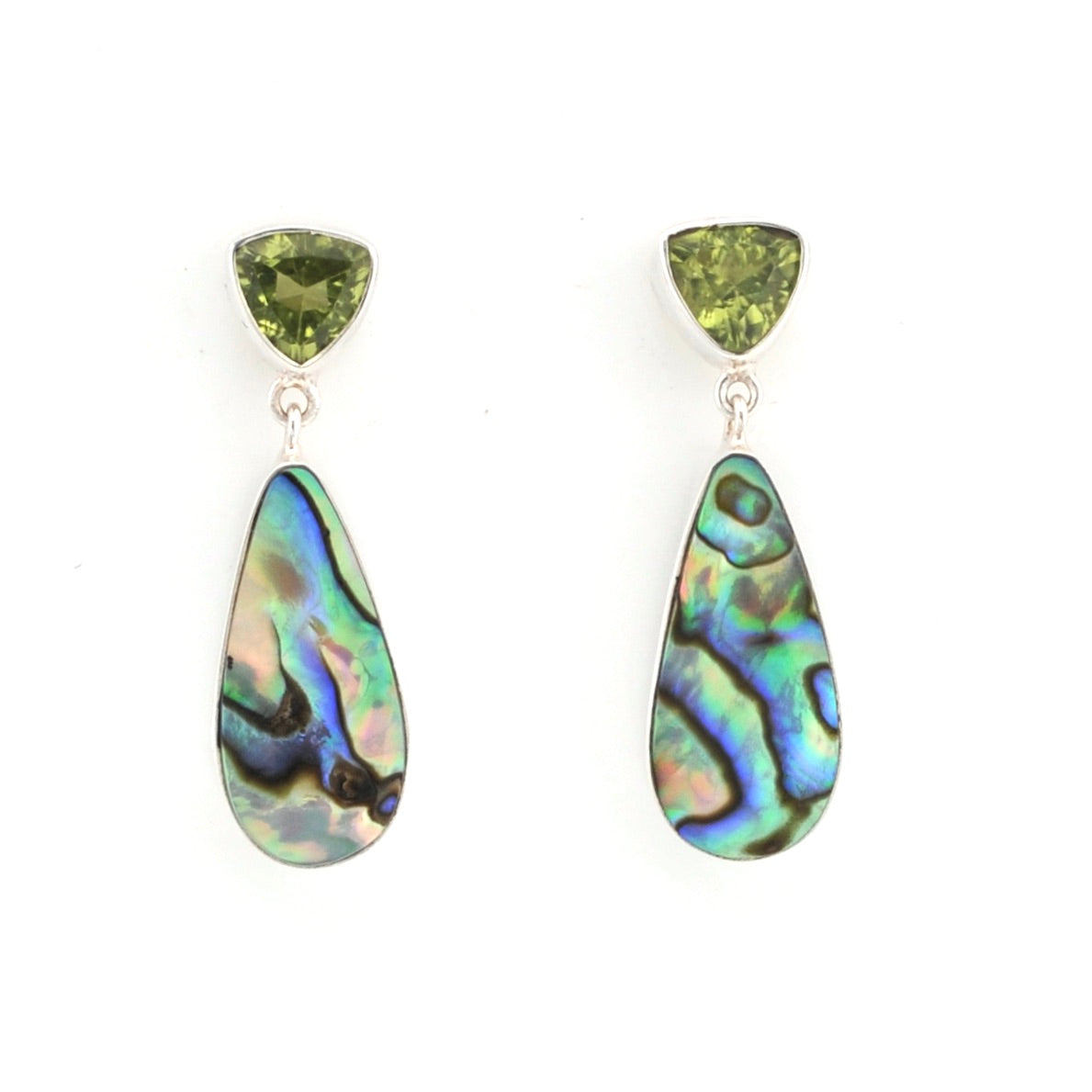 Front View Peridot Abalone Post Drop Earrings