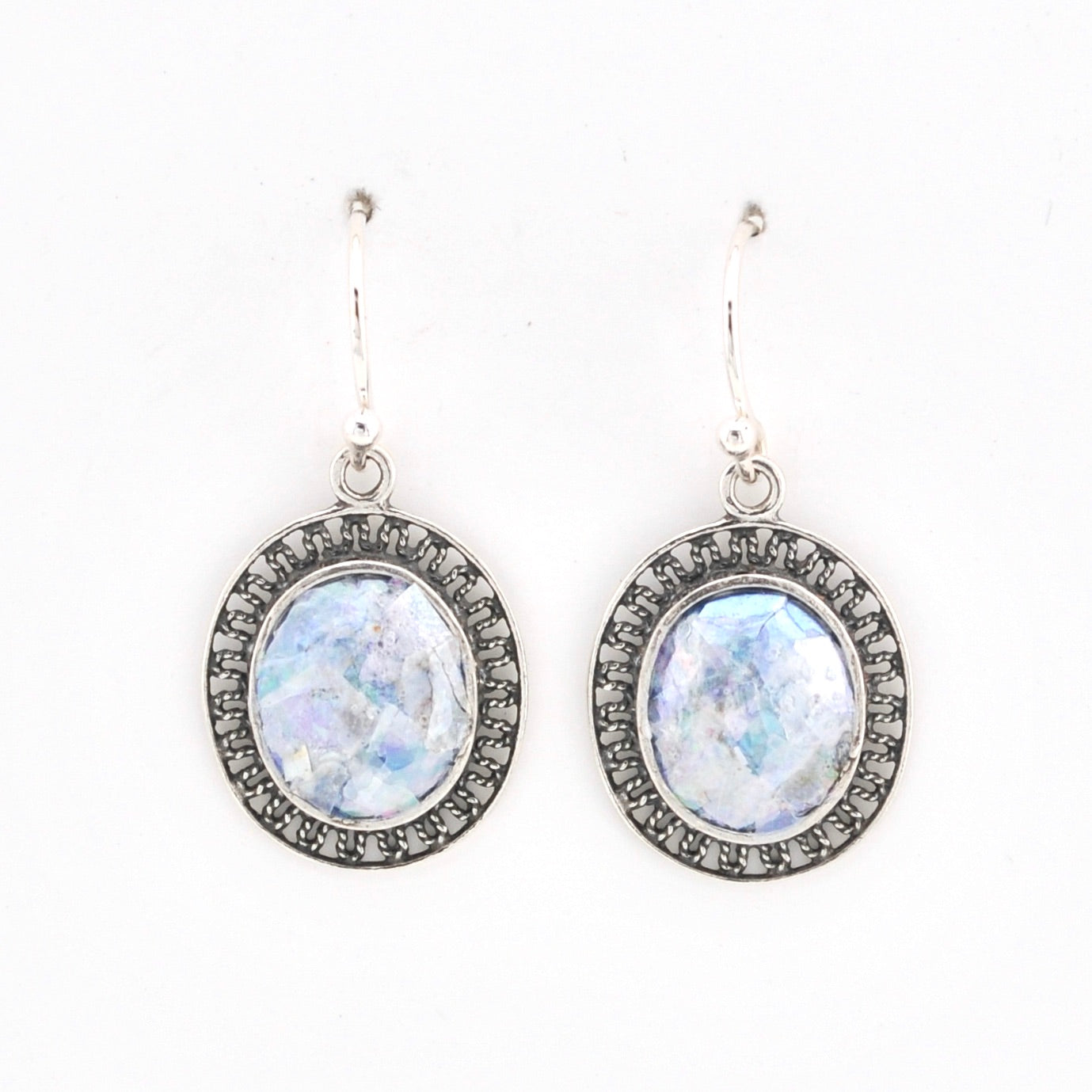 Front View Roman Glass Oval Dangle Earrings 15394