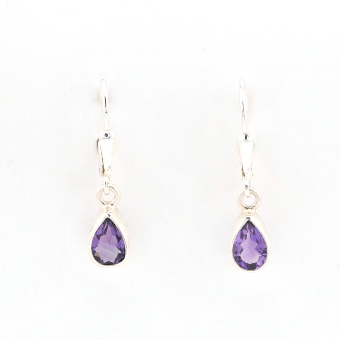 Front View Silver Amethyst 5x7mm Tear Dangle Earrings