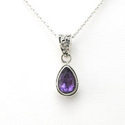 Front View Silver Amethyst 6x9mm Tear Bali Necklace