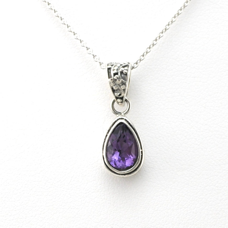 Front View Silver Amethyst 6x9mm Tear Bali Necklace