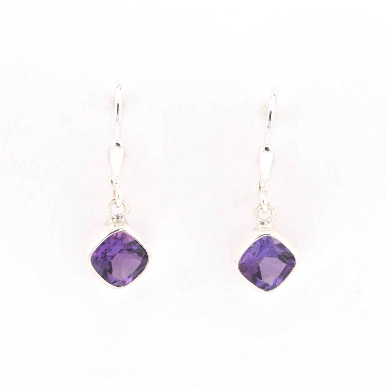 Front View Silver Amethyst 7mm Offset Square Dangle Earrings