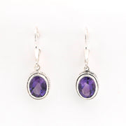 Front View Silver Amethyst 7x9mm Oval Bali Dangle Earrings