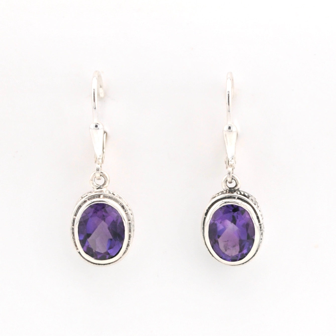 Front View Silver Amethyst 7x9mm Oval Bali Dangle Earrings