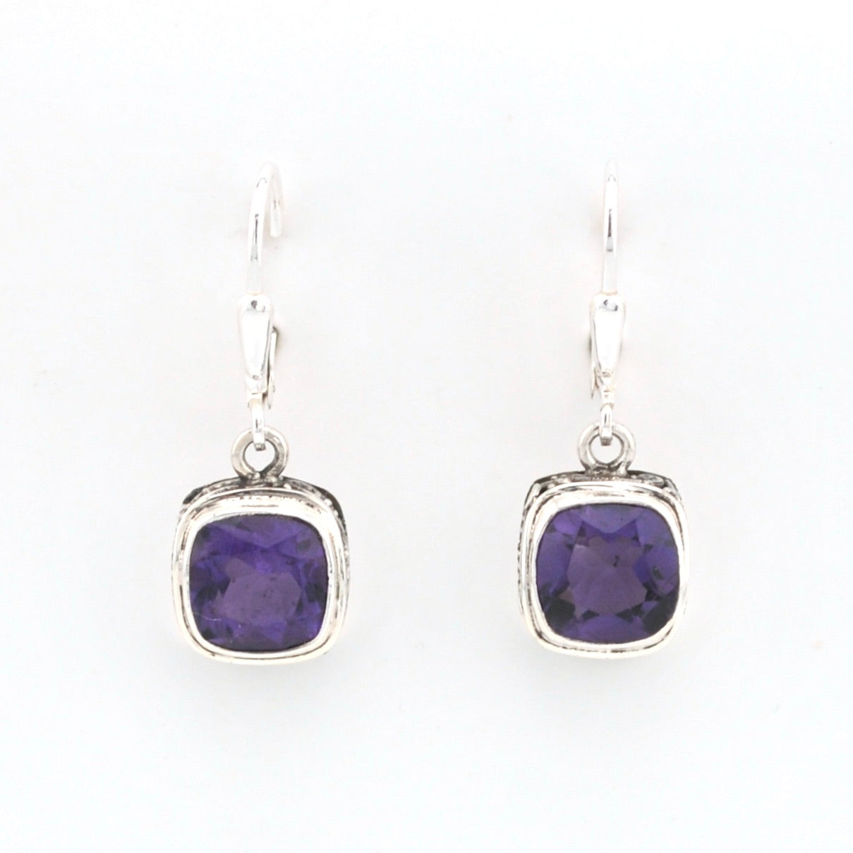 Front View Silver Amethyst 8mm Square Bali Dangle Earrings