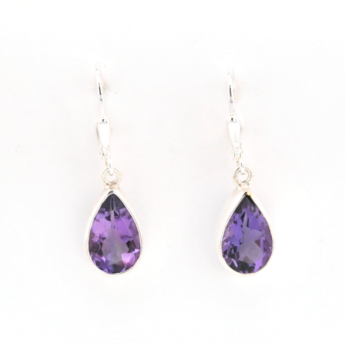 Front View Silver Amethyst 8x12mm Tear Dangle Earrings 15506
