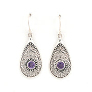 Front View Silver Amethyst Tear Bali Earrings 15644