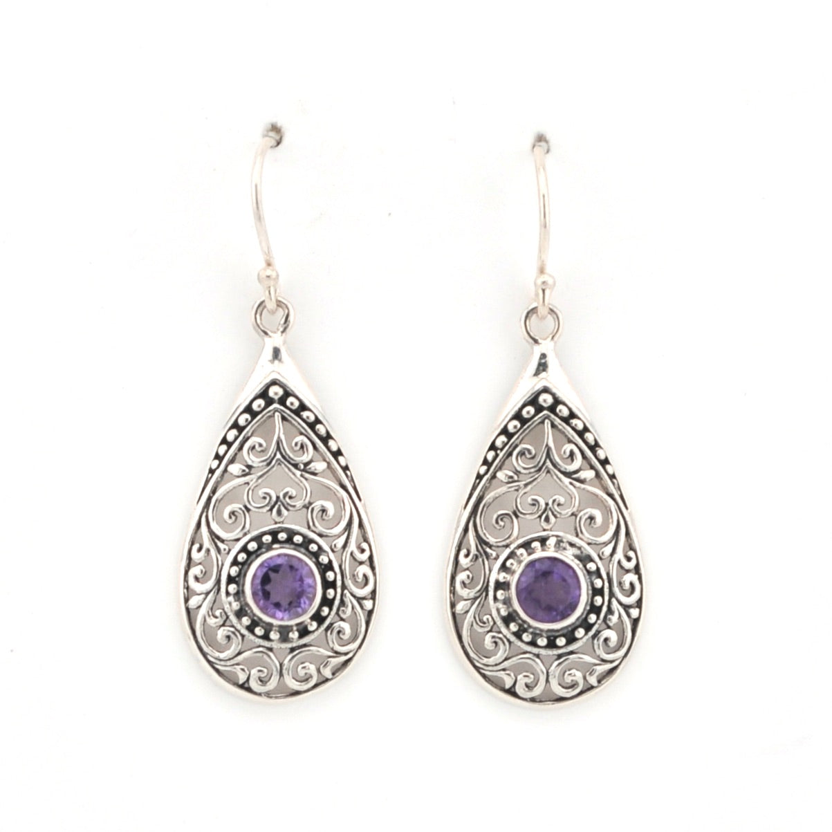 Front View Silver Amethyst Tear Bali Earrings 15644