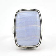Front View Silver Blue Lace Agate 11x22mm Rectangle Bali Ring