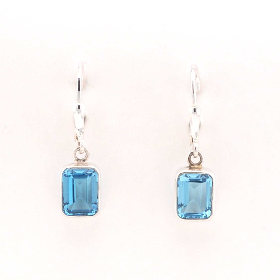 Front View Silver Blue Topaz 6x8mm Rectangle Dangle Earrings