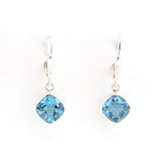Front View Silver Blue Topaz 7mm Offset Square Dangle Earrings