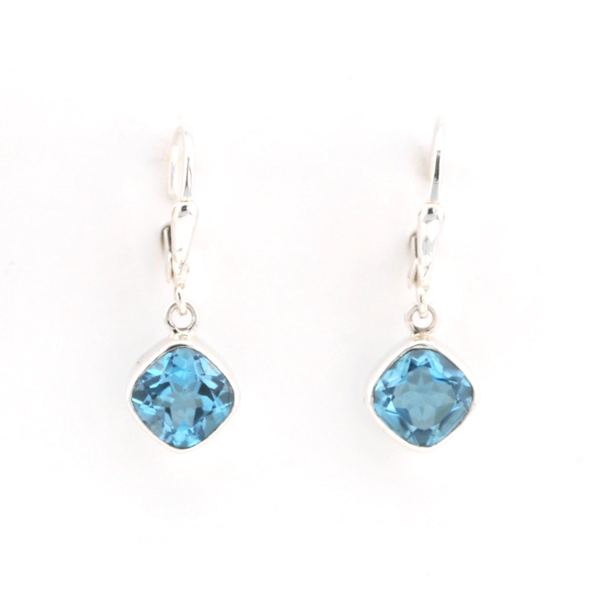 Front View Silver Blue Topaz 7mm Offset Square Dangle Earrings