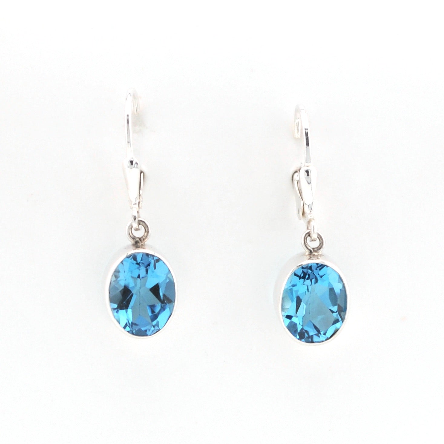 Front View Silver Blue Topaz 8x10mm Oval Dangle Earrings