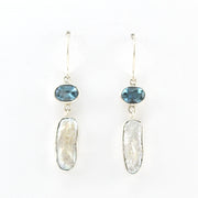 Front View  Silver Blue Topaz and Stick Pearl Earrings