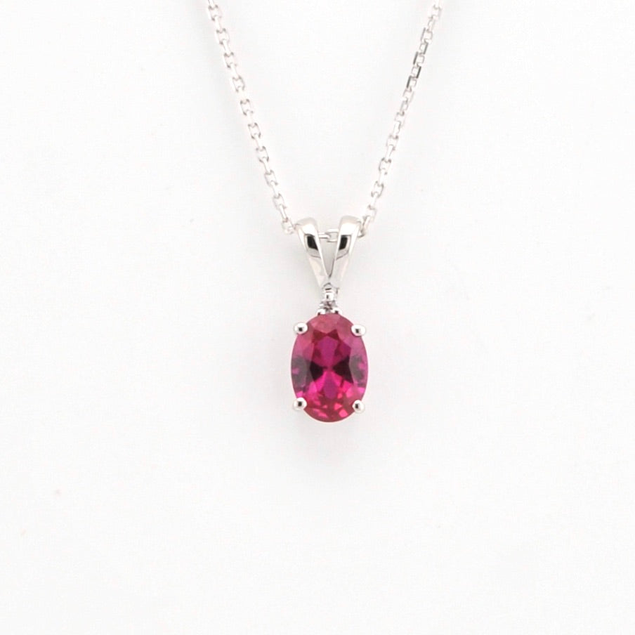 Front View Silver Created Ruby 1ct Oval CZ Necklace