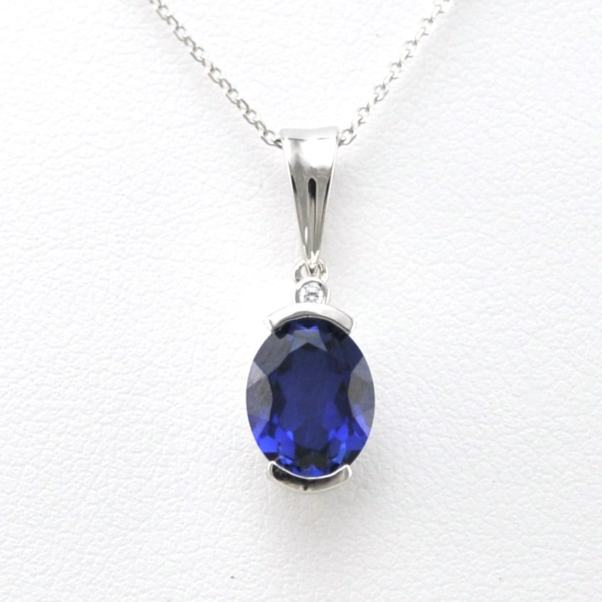 Front View Silver Created Sapphire 2.5ct Oval CZ Necklace