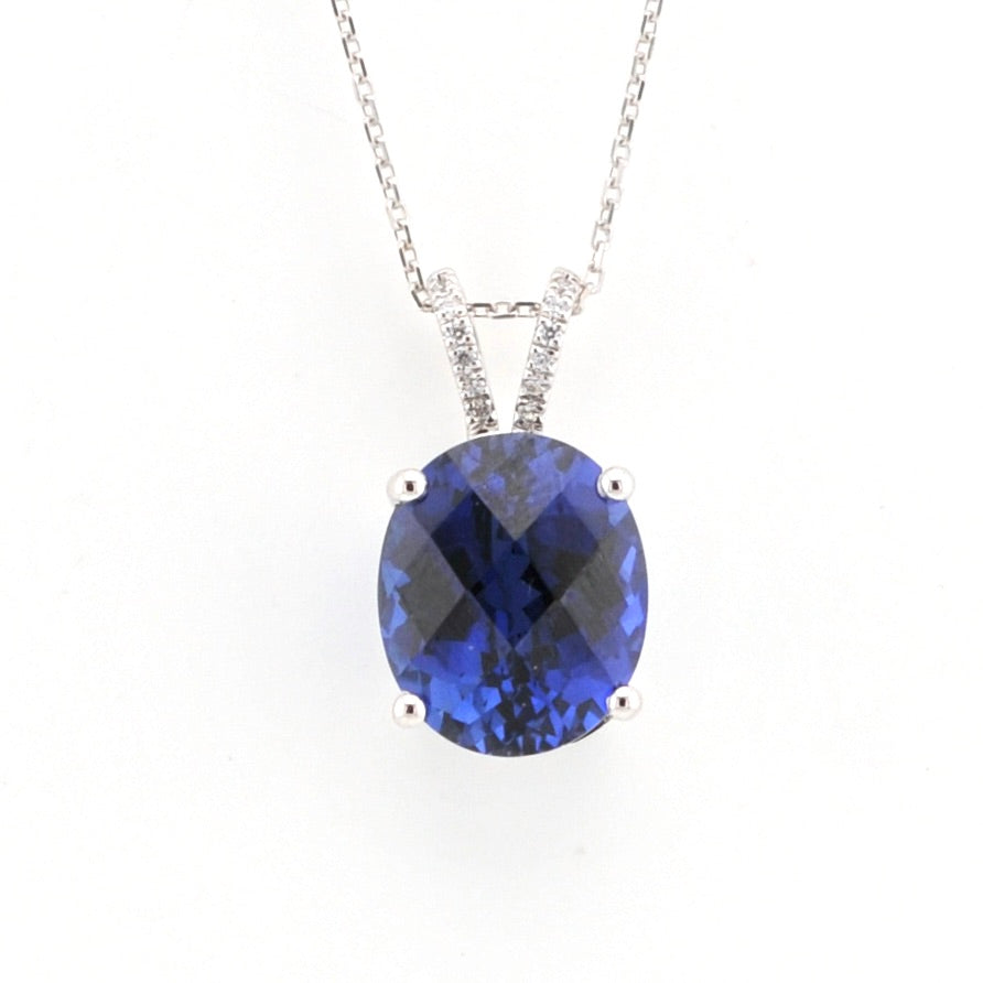 Front View Silver Created Sapphire 5ct Oval CZ Necklace