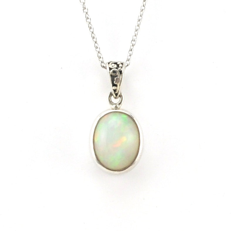 Front View Silver Ethiopian Opal 8x10mm Oval Necklace