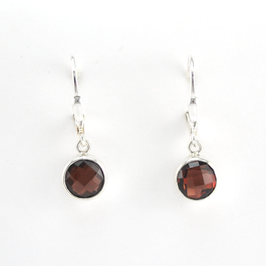Front View Silver Garnet 6mm Round Dangle Earrings