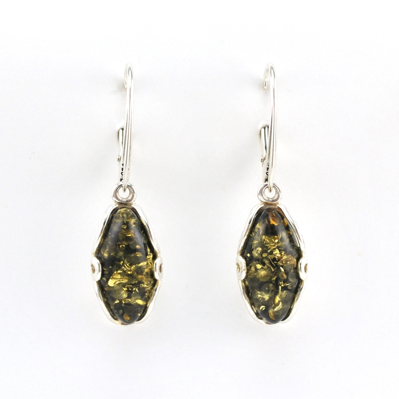 Front View Silver Green Amber Long Oval Dangle Earrings