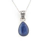 Teardrop-shaped blue pendant on a silver chain against a white background