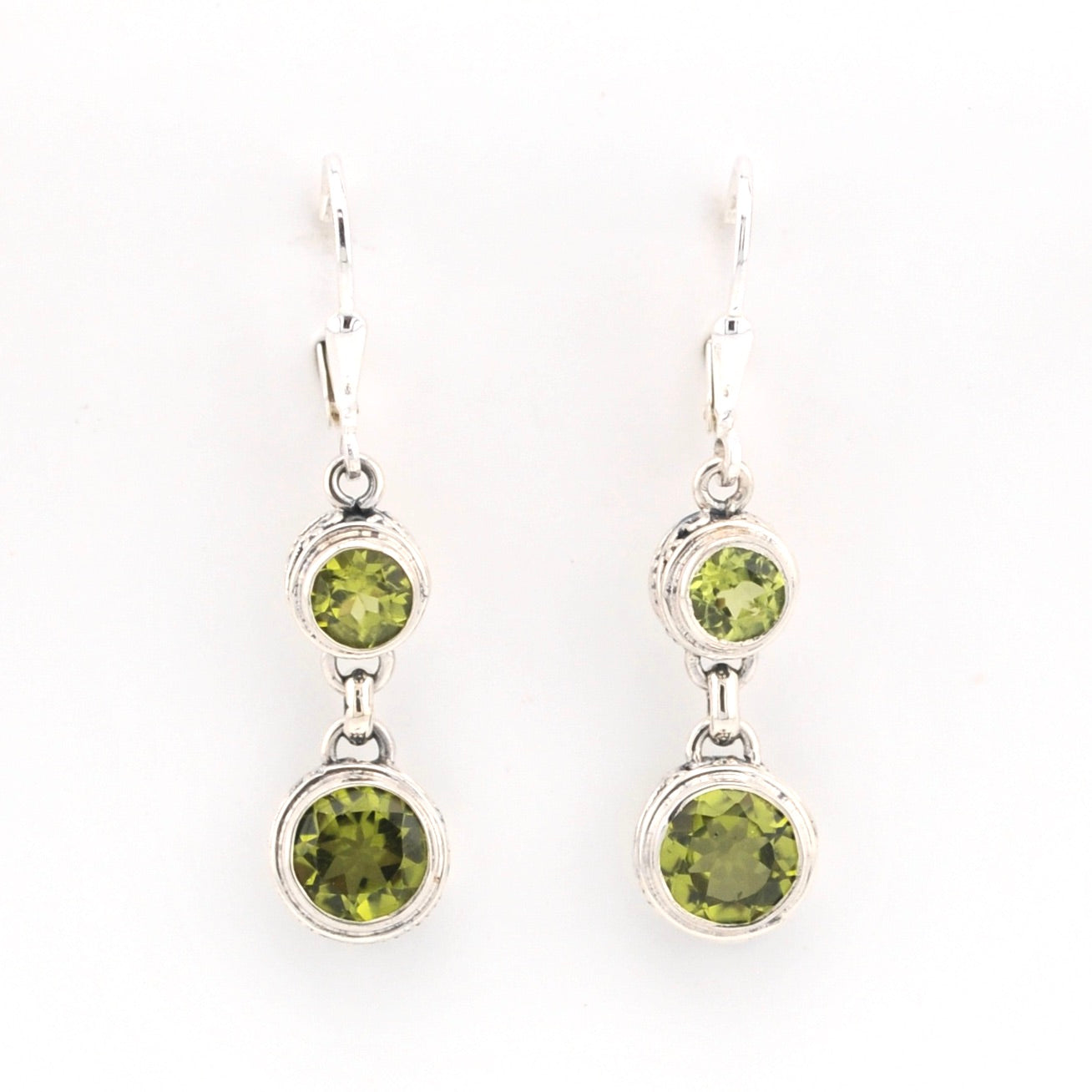 Front View Silver Peridot 2 Round Bali Dangle Earrings