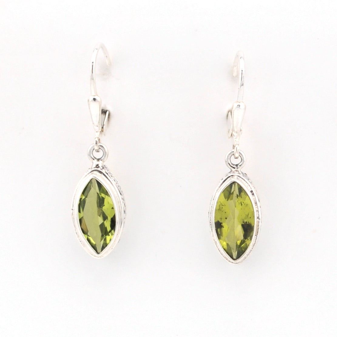 Front View Silver Peridot 6x12mm Marquise Bali Earrings