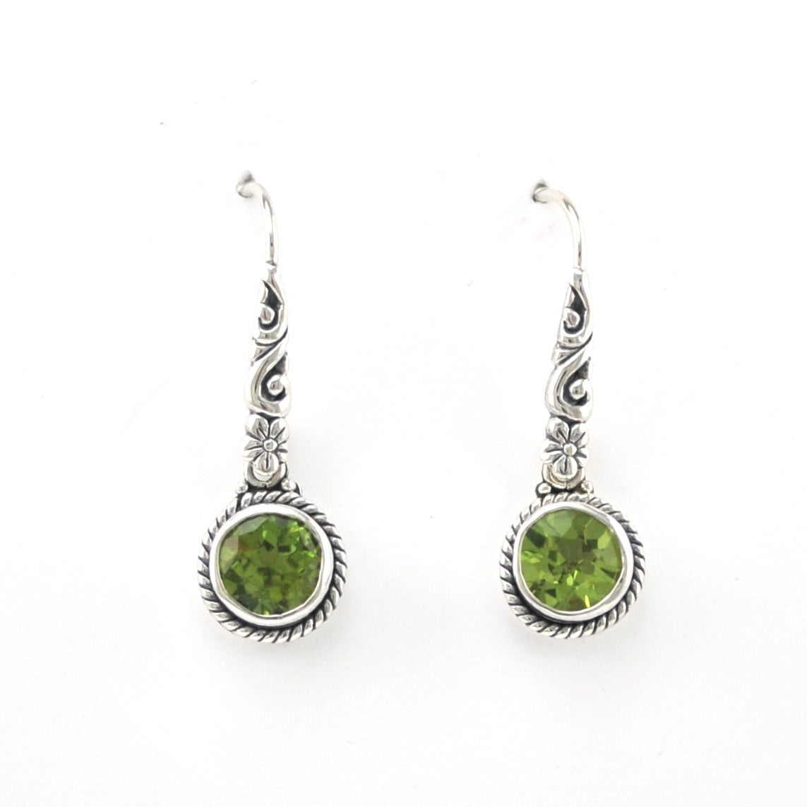 Front View Silver Peridot 7mm Round Bali Scroll Earrings