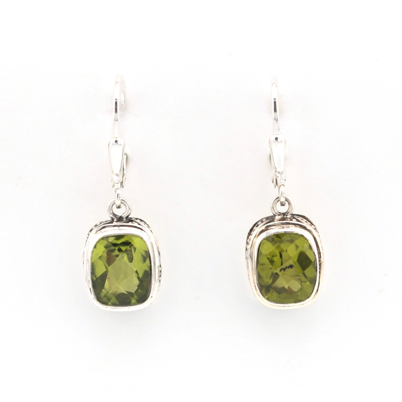 Front View Silver Peridot 7x9mm Rectangle Bali Dangle Earrings