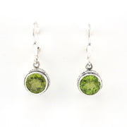 Front View Silver Peridot 8mm Round Bali Dangle Earrings