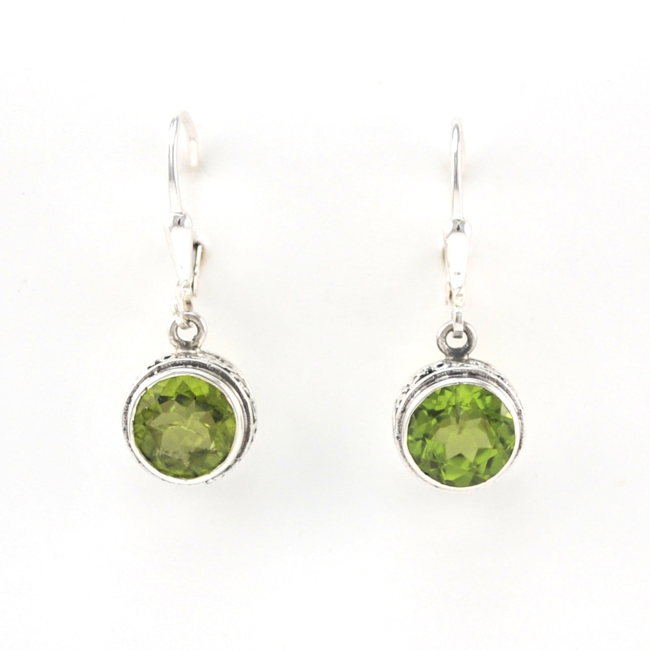 Front View Silver Peridot 8mm Round Bali Dangle Earrings