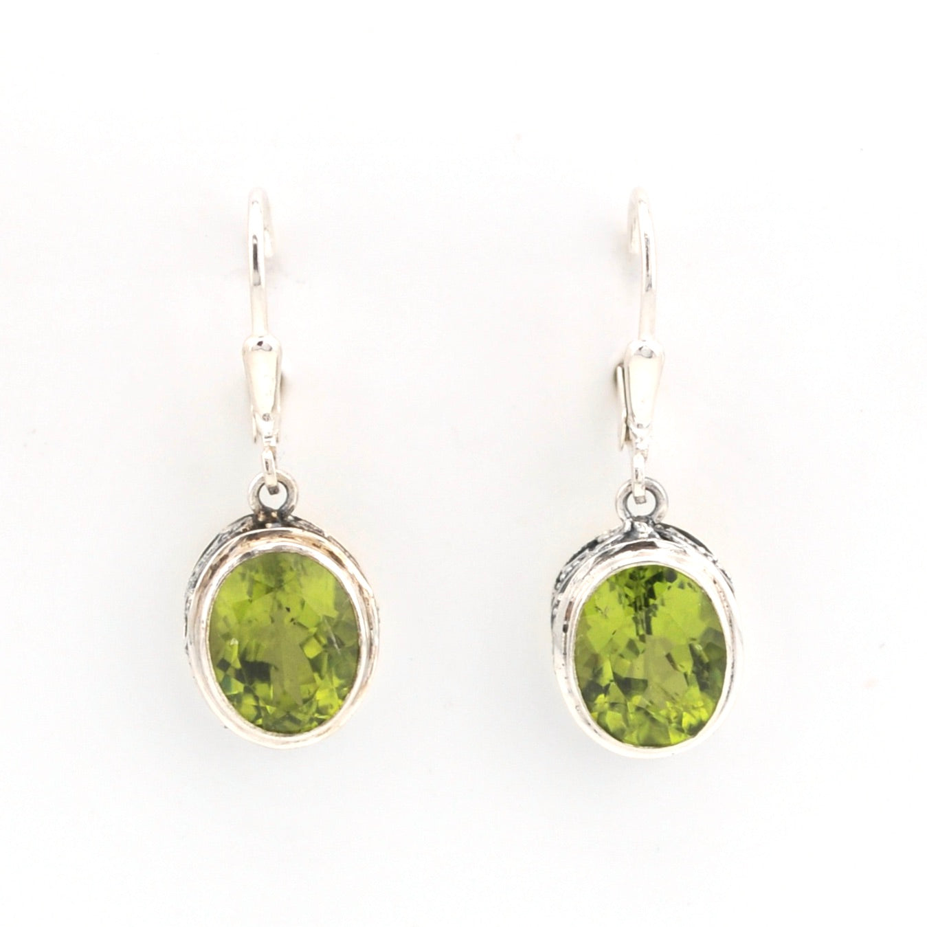 Front View Silver Peridot 8x10mm Oval Bali Earrings