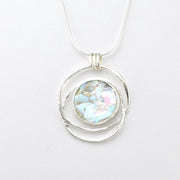 Front View Silver Roman Glass Spiral Circle Necklace
