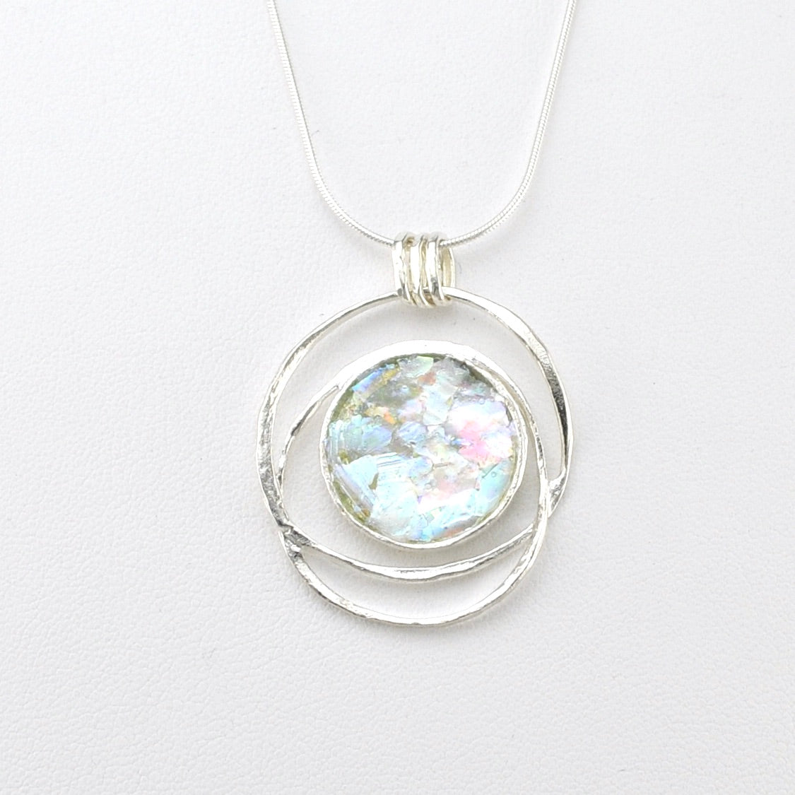 Front View Silver Roman Glass Spiral Circle Necklace