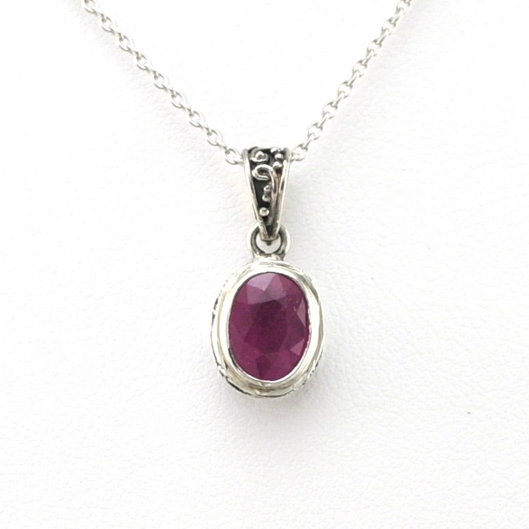 Front View Silver Ruby 6x8mm Oval Bali Necklace