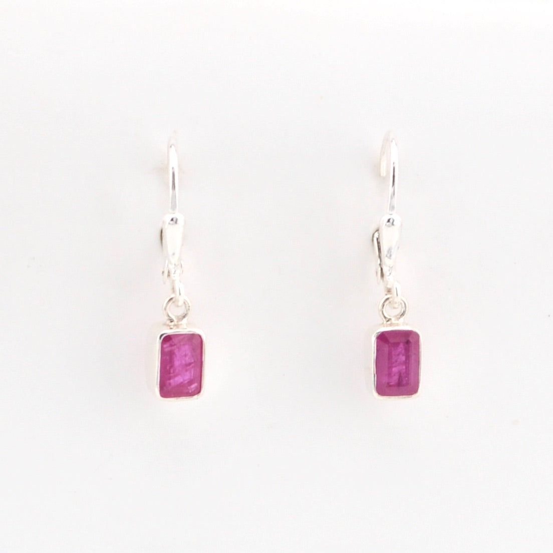 Front View Sterling Silver Ruby 4x6mm Rectangle Dangle Earrings