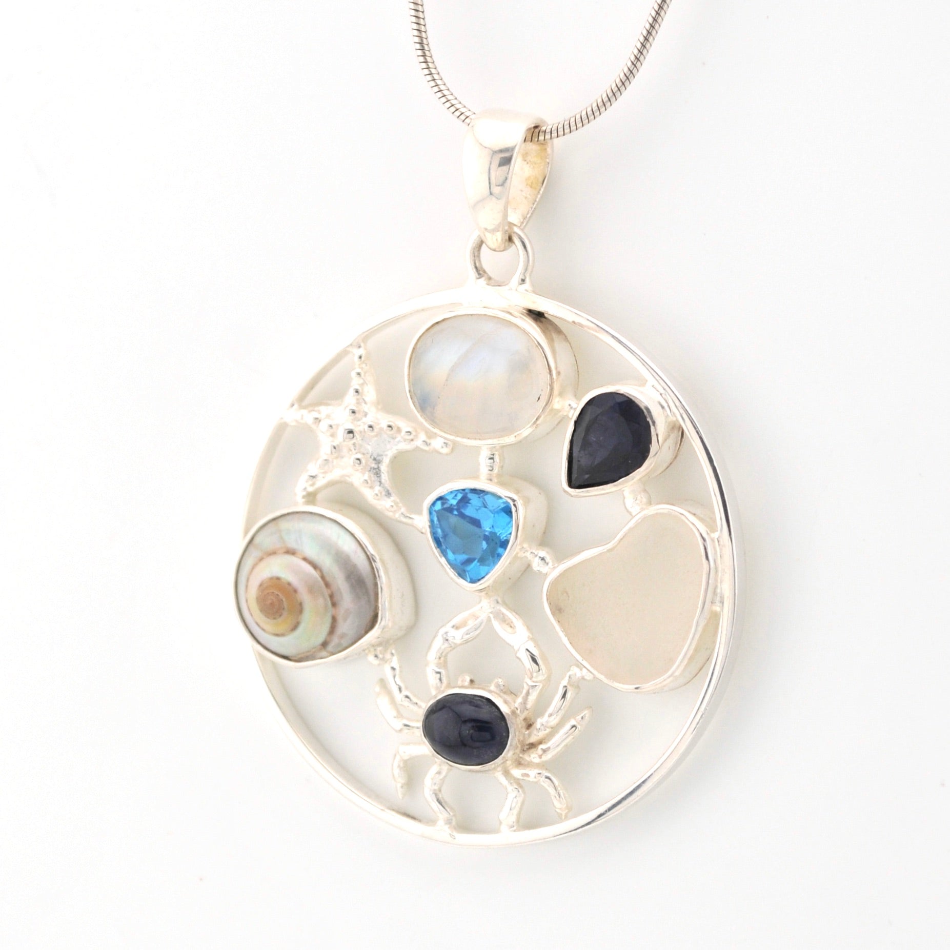 Moonstone Crab Sea Glass Topaz Medallion on Chain