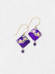 Purple earrings with floral designs on a white background