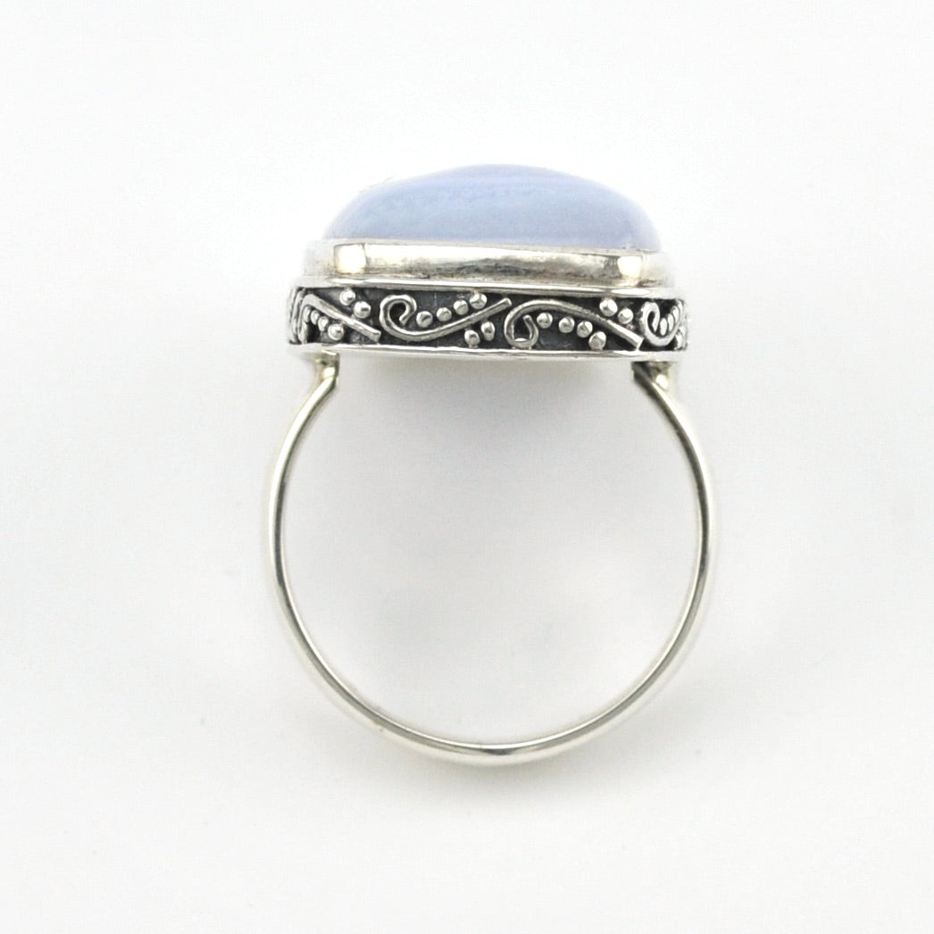 Side Angle Silver Blue Lace Agate 11x22mm Rectangle Bali Ring