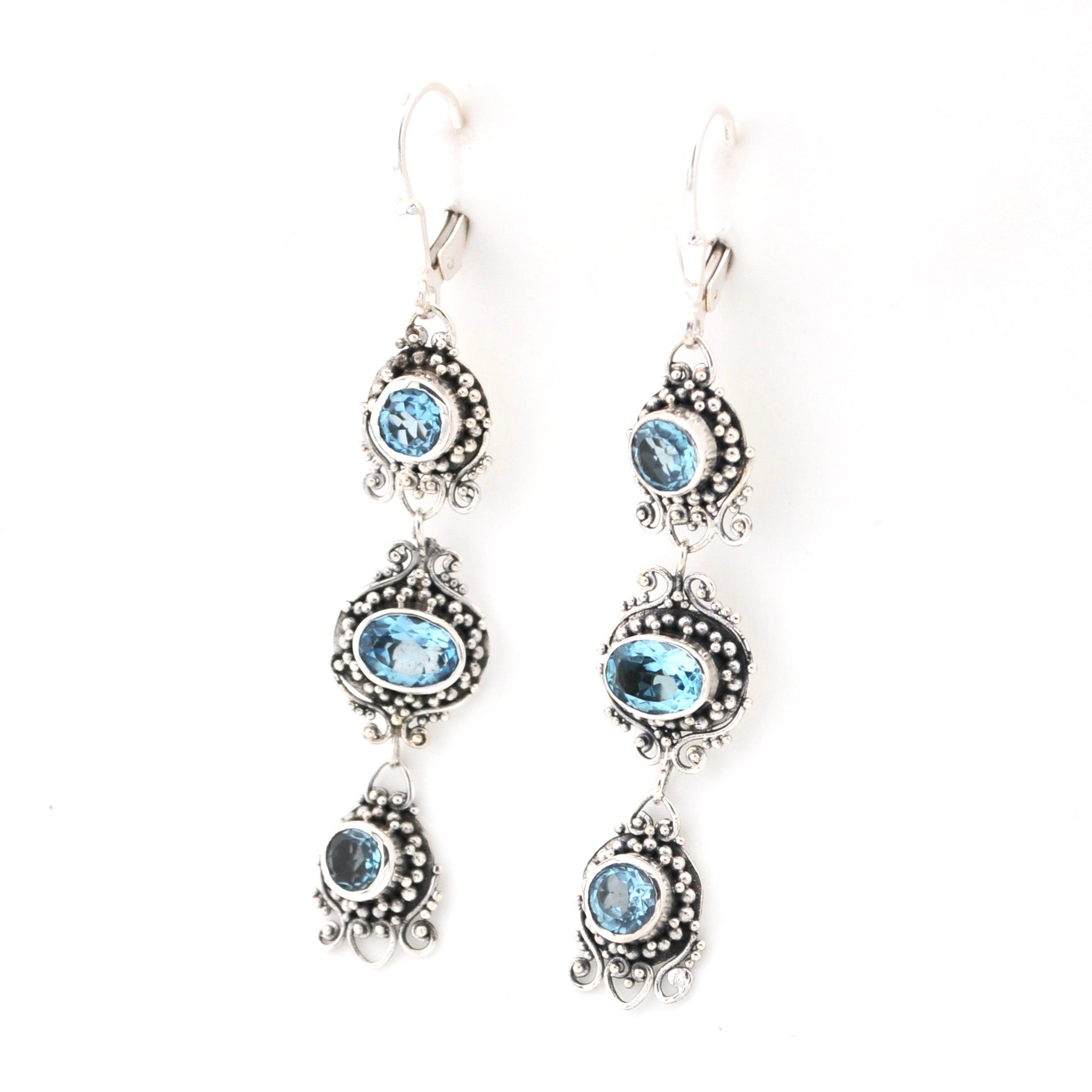 Side Order  Blue Topaz 3 Stone Bali Dangle Earrings