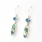 Pair of earrings with colorful shell-like stones and blue gemstones on a white background