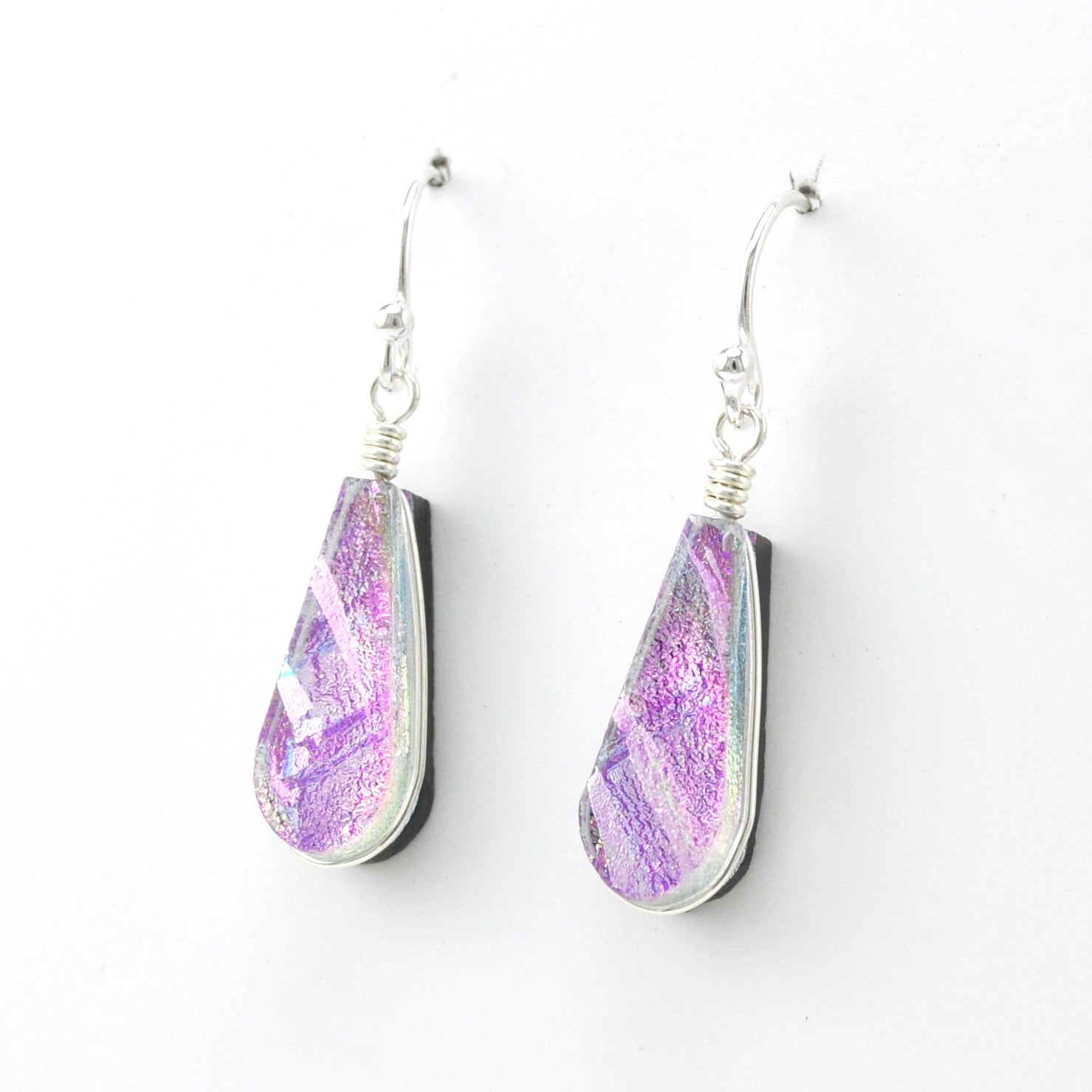 Side View Dichroic Glass Pink Small Teardrop Dangle Earrings